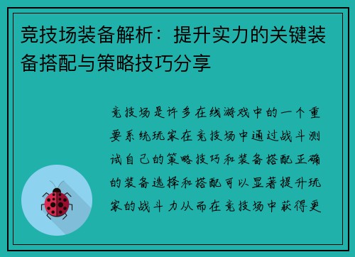 竞技场装备解析：提升实力的关键装备搭配与策略技巧分享